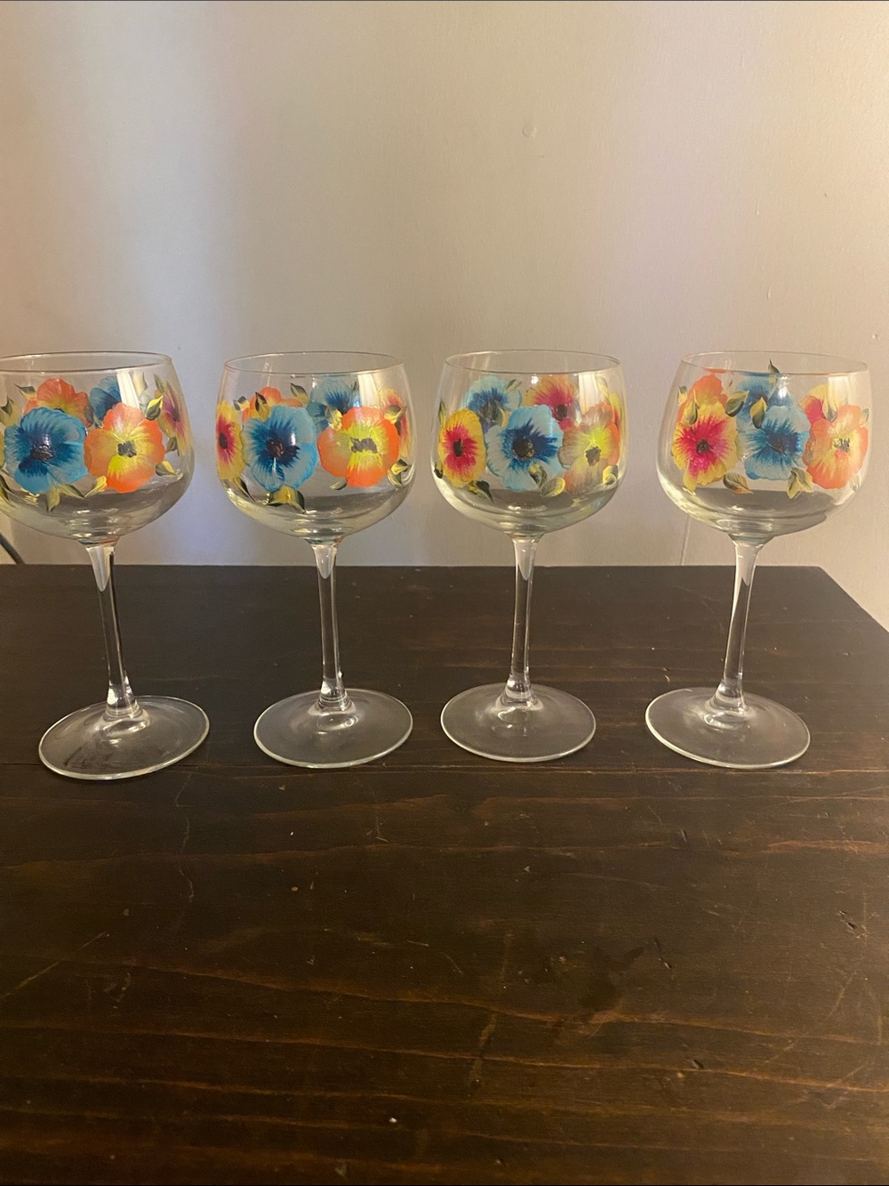 Hand-Painted Floral Wine Glasses - Set of 4 (Blue, Yellow, Pink Flowers)